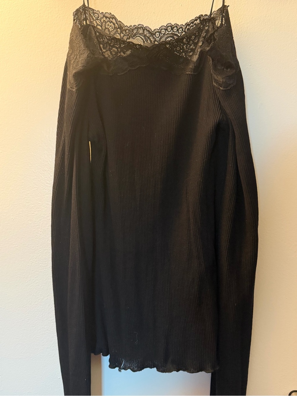 Lace-Trim Black Ribbed Women's Long Sleeve Top